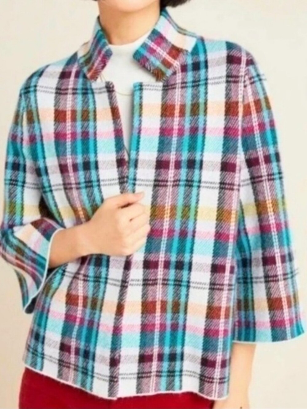 Anthropologie Multicolor Plaid Sweater Jacket With Pockets, Size XS